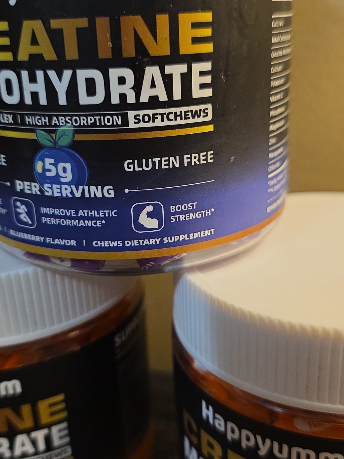 Happyummmm Creatine Monohydrate, Sf, 3 Pack Soft Chews, 2 Orange, 1 Blueberry