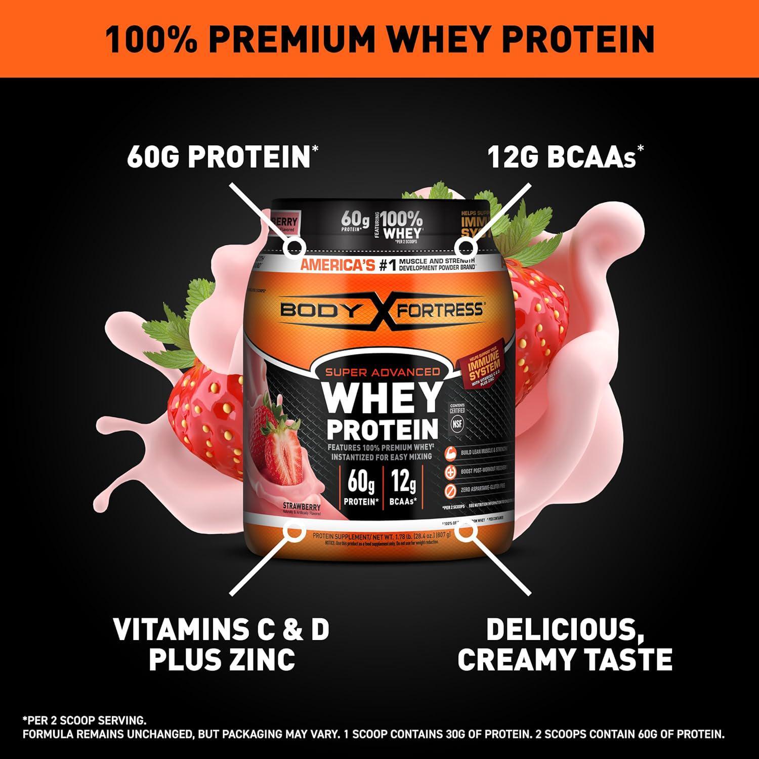 Body Fortress Super Advanced 100% Premium Whey Protein Powder Strawberry 1.78lbs