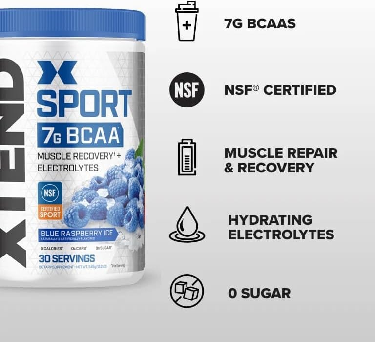 30 Servings XTEND BCAA Powder, Blue Raspberry Ice – Sugar-Free Muscle Recovery