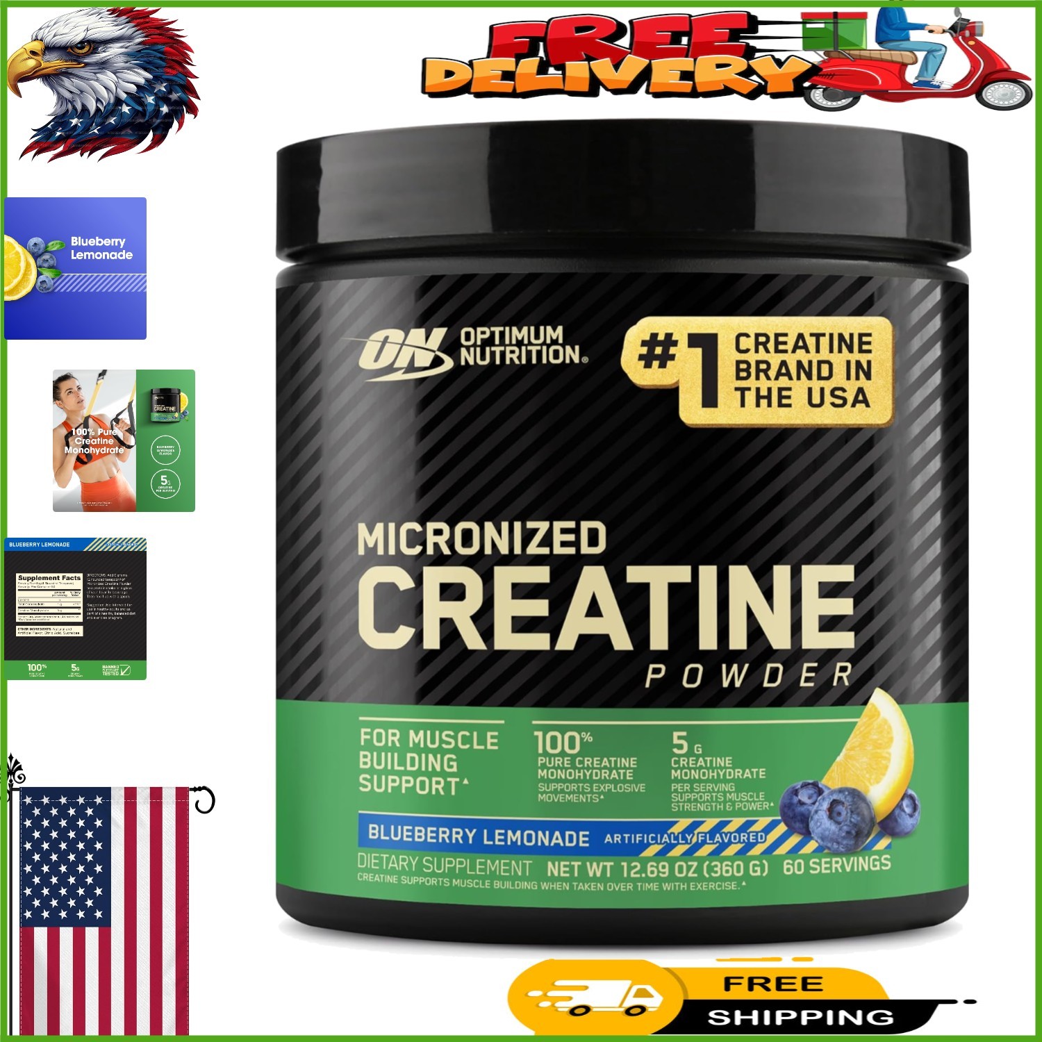 Micronized Creatine Monohydrate Powder – Blueberry Lemonade Flavor, 60 Servings