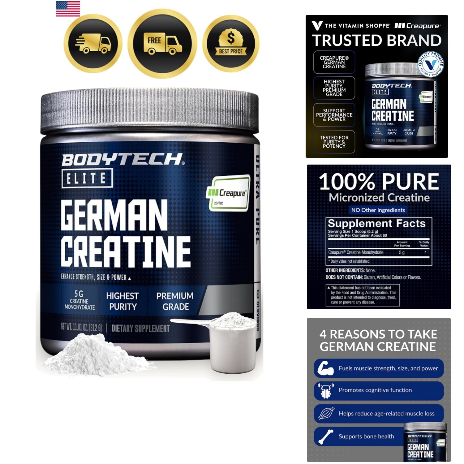 Elite German Creatine with Creapure, Creatine Monohydrate Powder for Strength…