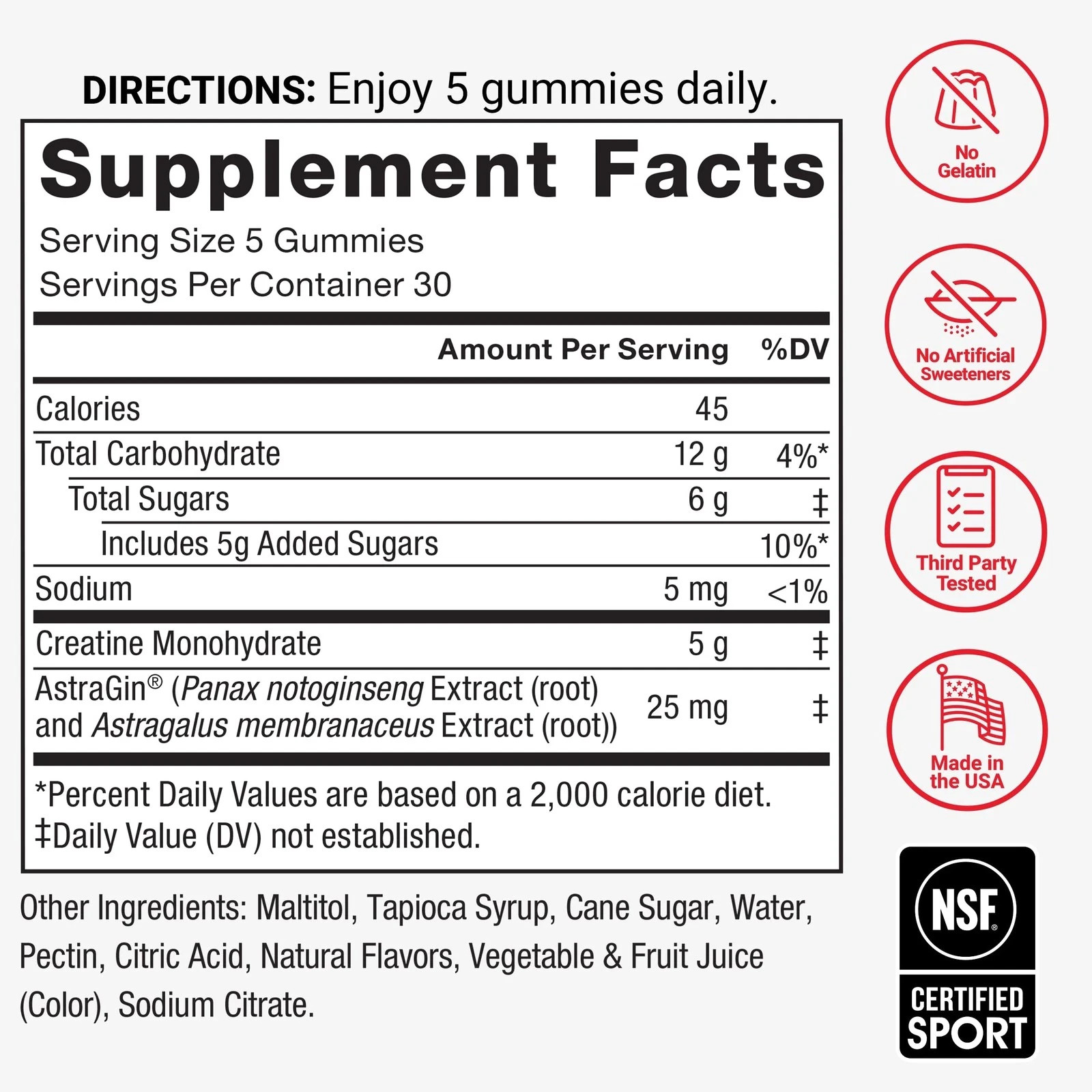Force Factor Creatine Monohydrate Gummies, NSF Certified,5g Dose for Men & Women