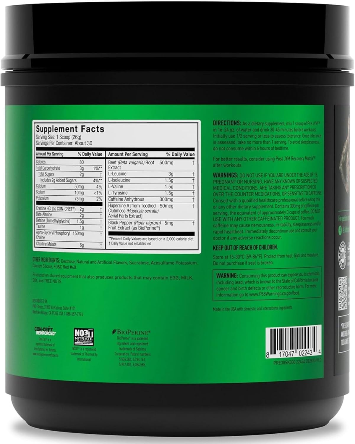JYM Pre Workout, Strawberry Kiwi – Creatine HCI, Caffeine – 27.5 Oz | Alpha GPC,