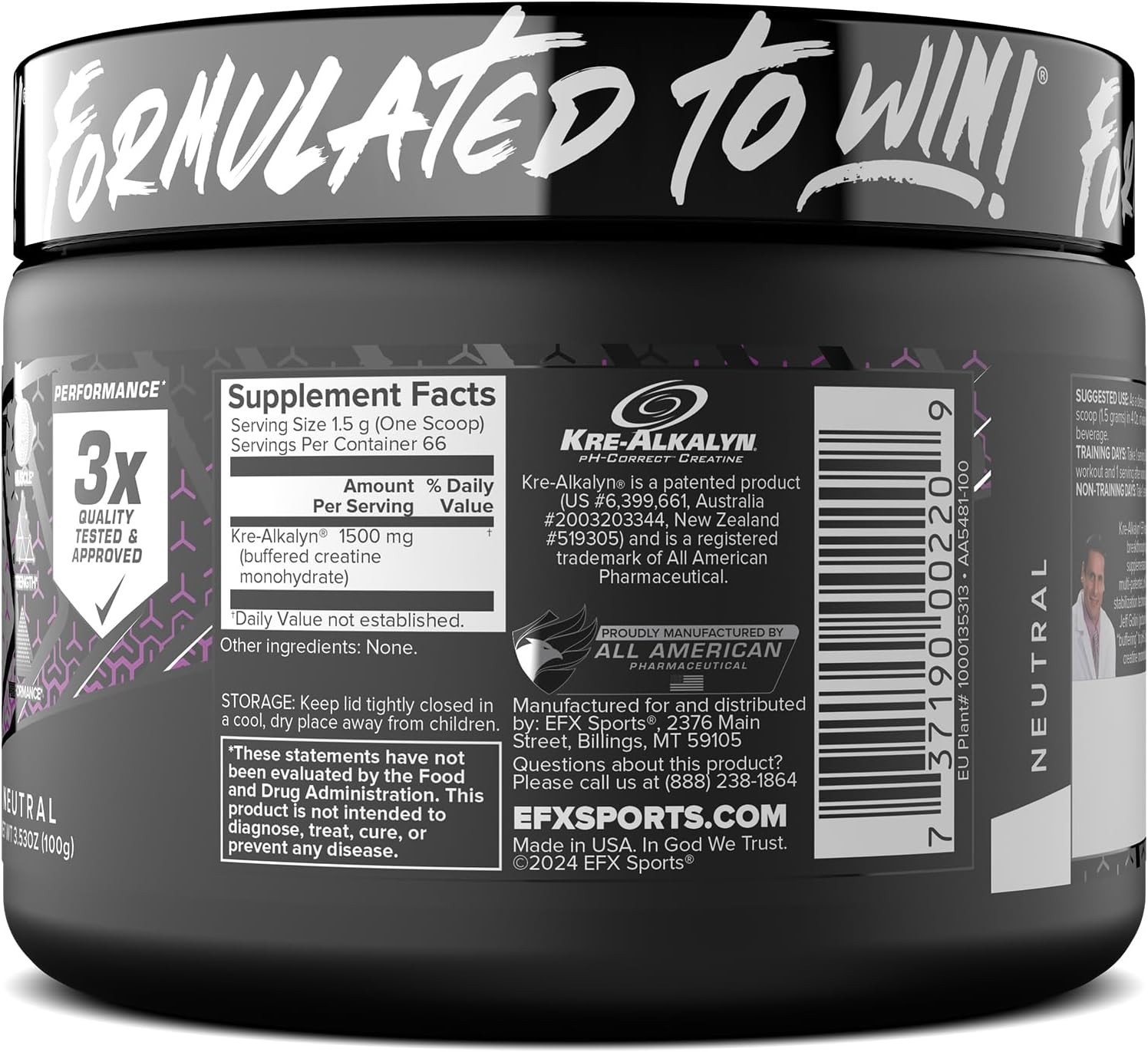 Kre-Alkalyn Creatine Monohydrate Powder Supplement Unflavored 66 Servings pH