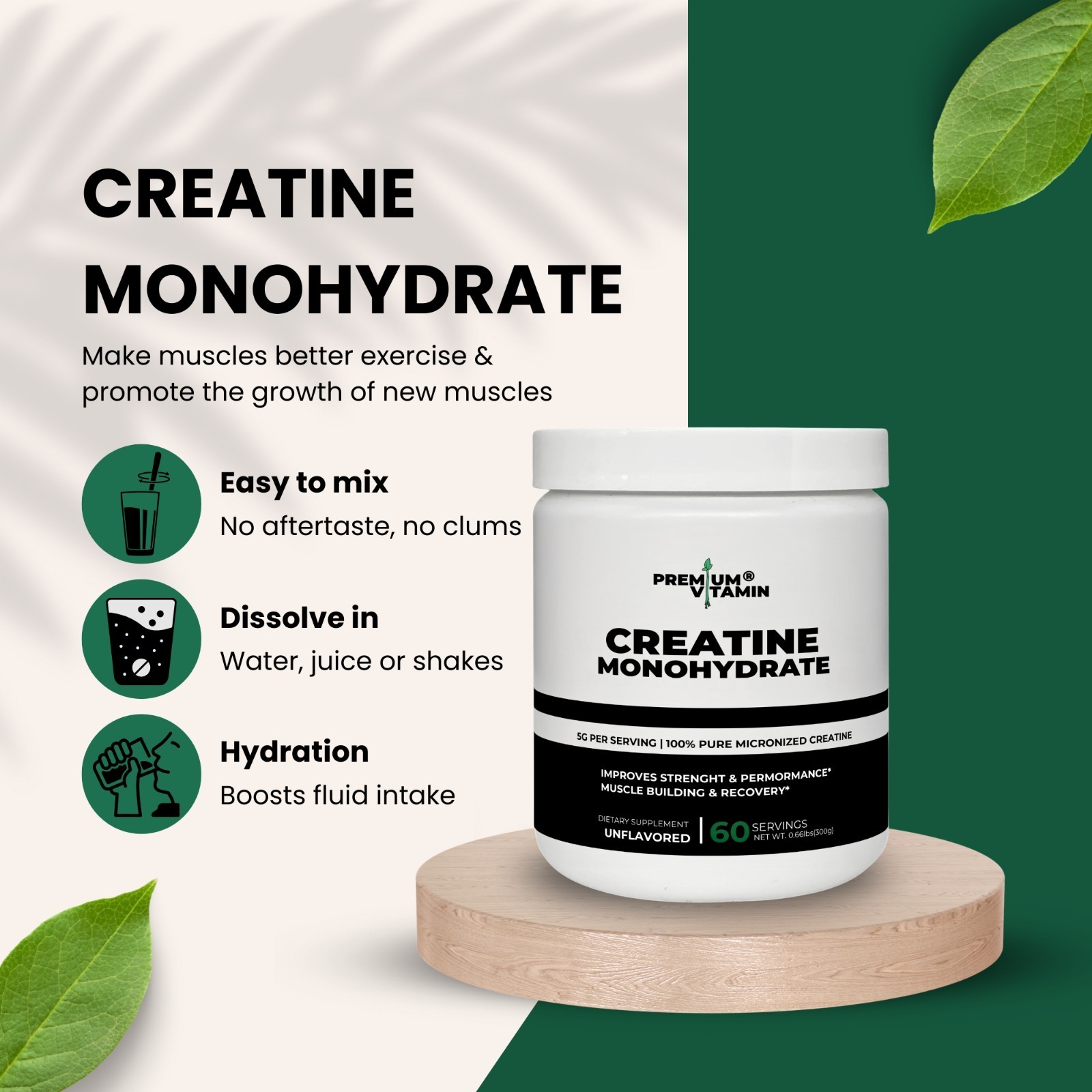 Creatine Monohydrate Powder Muscle gain (Micronized) 5g per serv 300g Unflavored