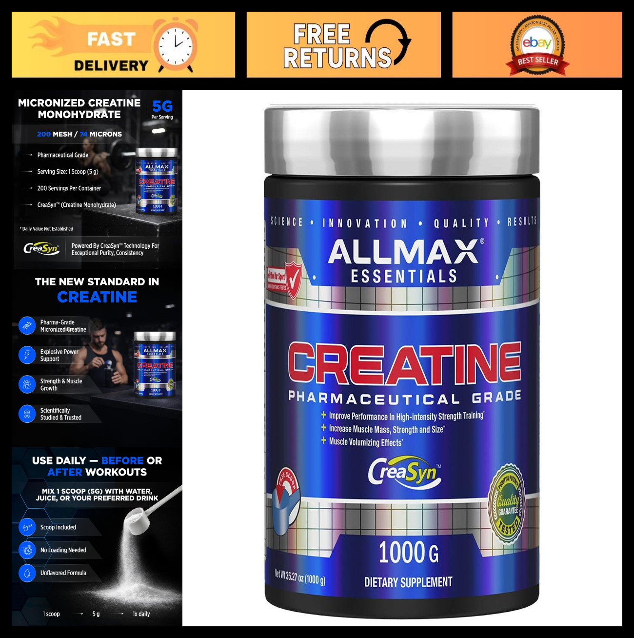 Micronized Creatine Monohydrate Powder, Unflavored, 1000g – Muscle Growth & Reco