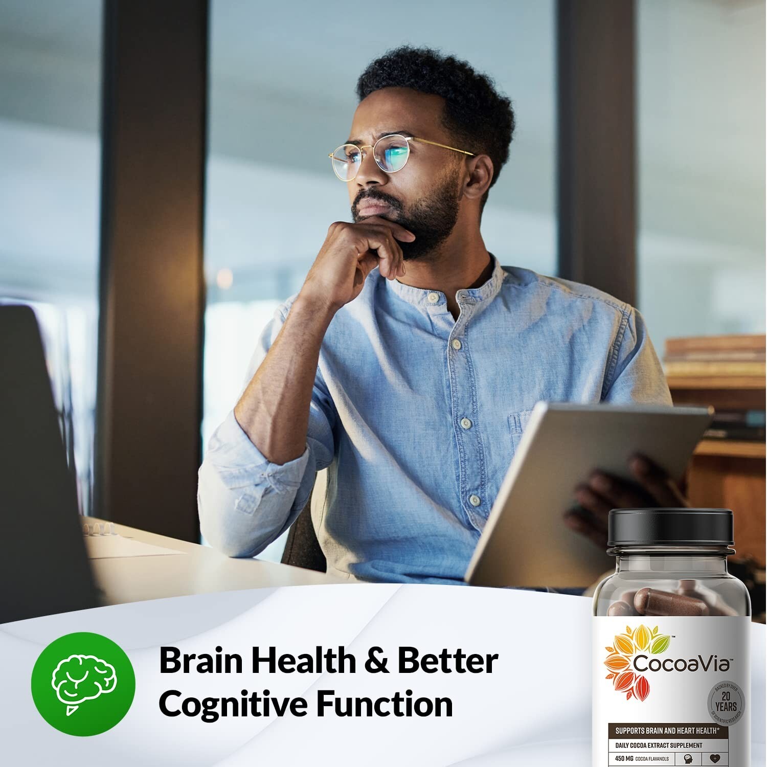 CocoaVia Heart & Brain Supplement, 30 Day, 450 mg Cocoa Flavanols, Memory & C…