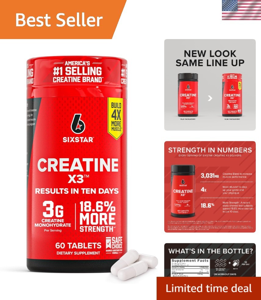 SIXSTAR Creatine X3 – 60 Caplets for Enhanced Strength & Recovery – Gluten-Free