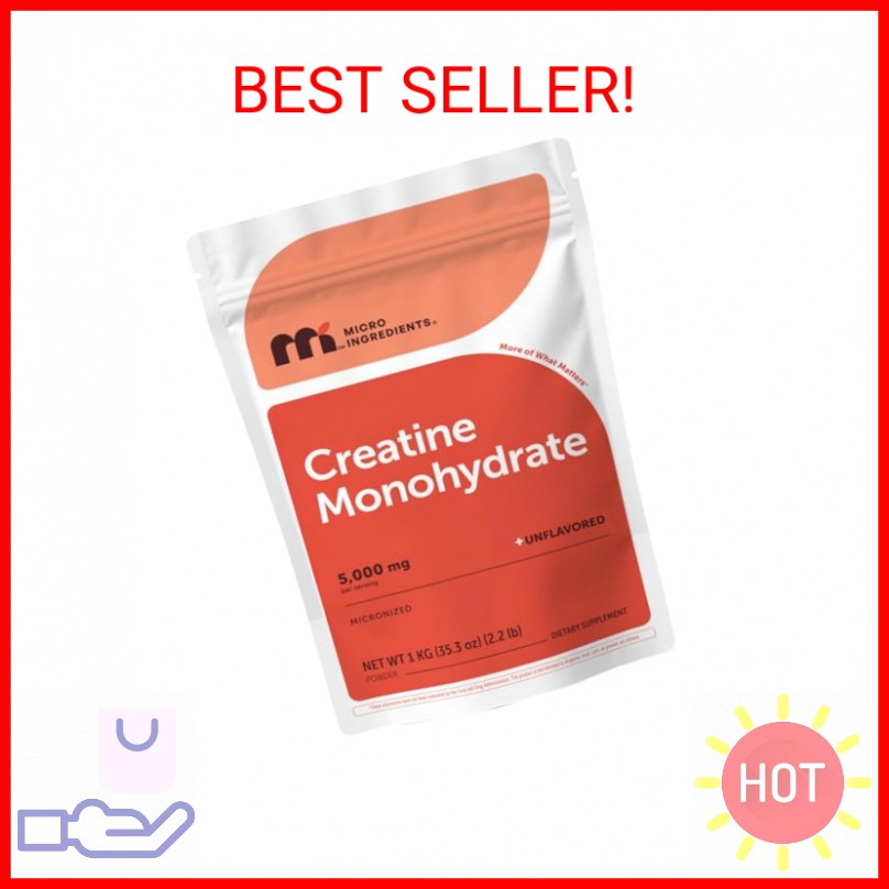 Micro Ingredients Creatine Monohydrate Powder 1 kg (2.2 Lbs), 5000mg Per Serv, M