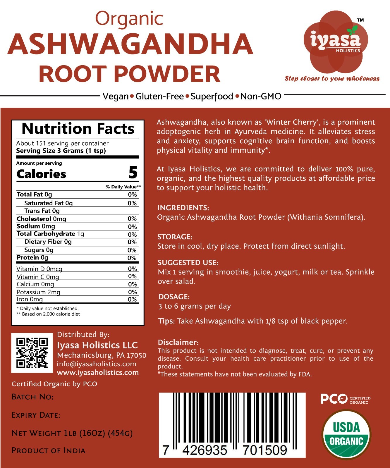 Ashwagandha Root Powder Organic, Withania Somnifera Stress Relief 4 8 16 oz FSH
