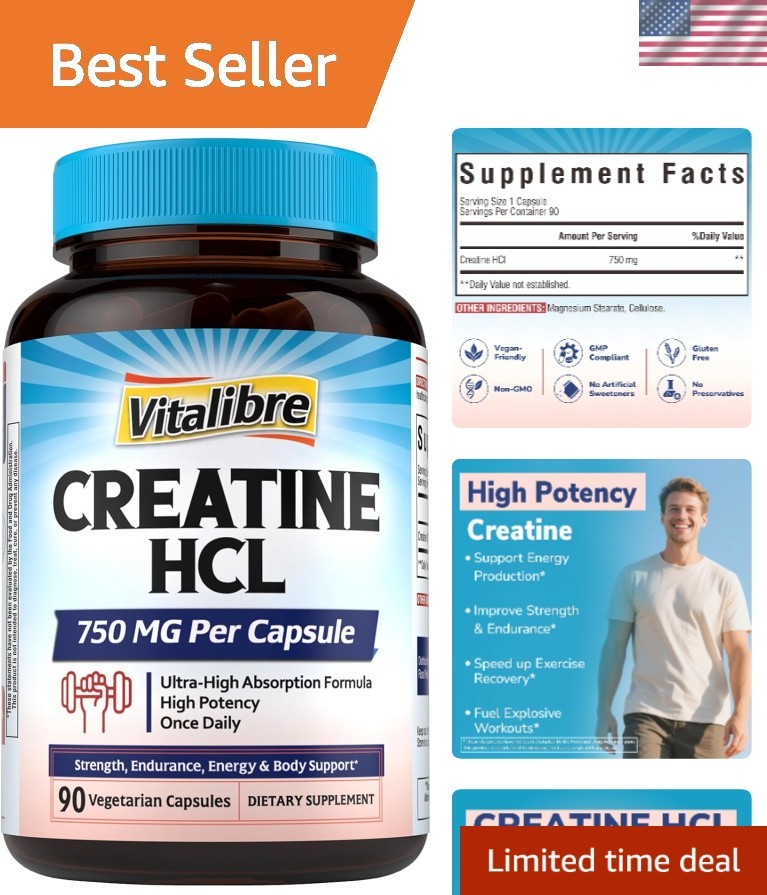 750mg Pure Creatine HCl – No Bloat, Once Daily for Optimal Performance, 90 Caps