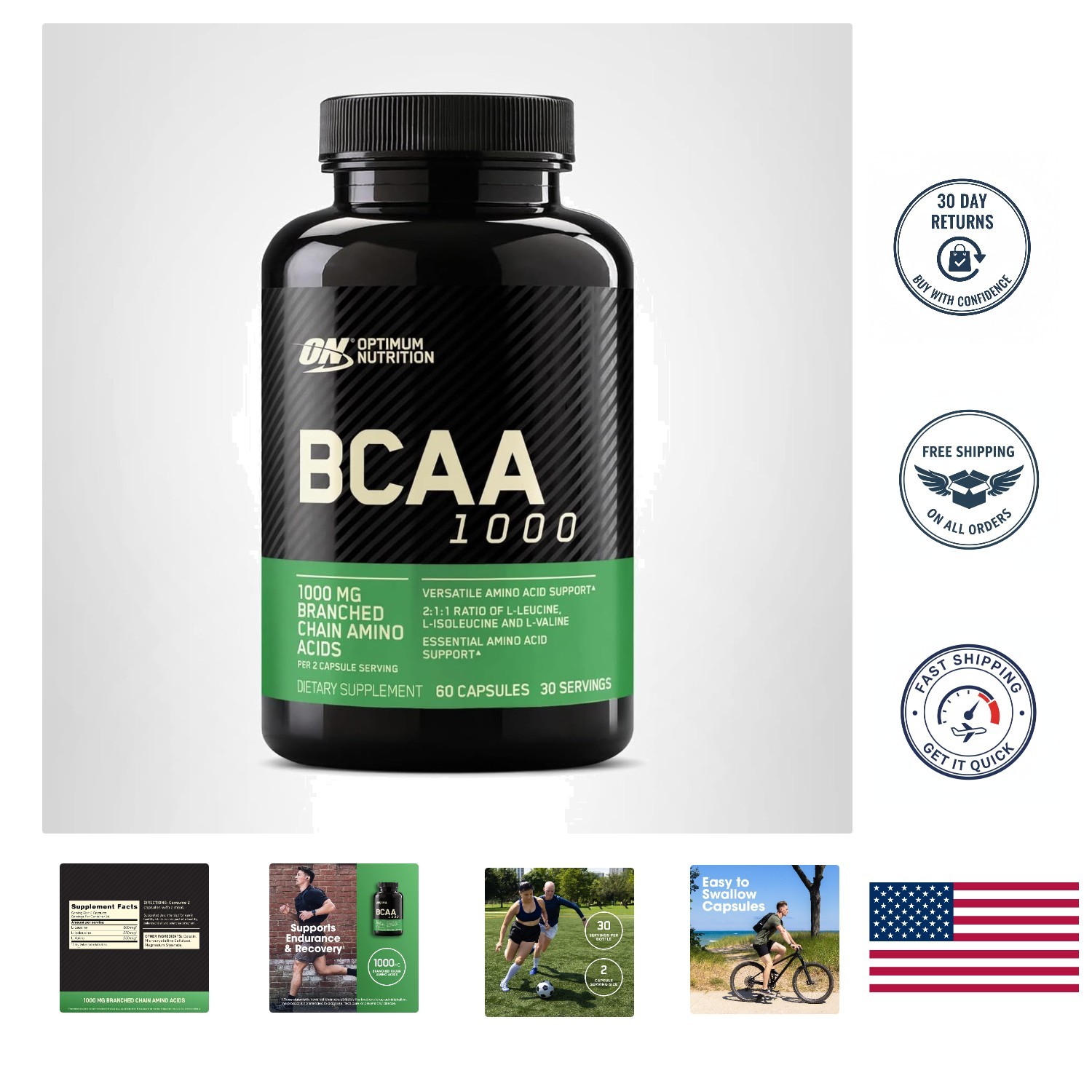 Unflavored BCAA Amino Acids Capsules – 1000mg, 60 Count, Ideal for Post-Workout