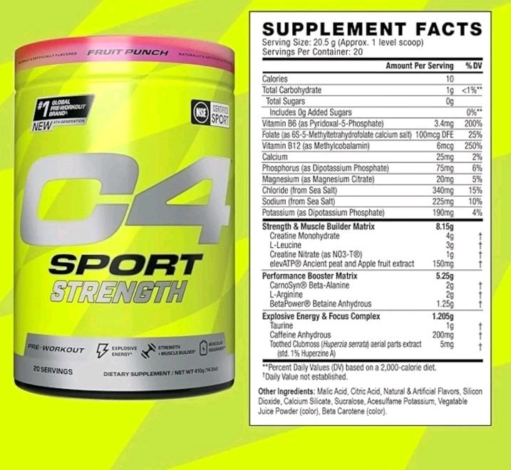 Cellucor C4 Sport Strength Pre Workout Powder Beta Alanine Creatine Fruit Punch