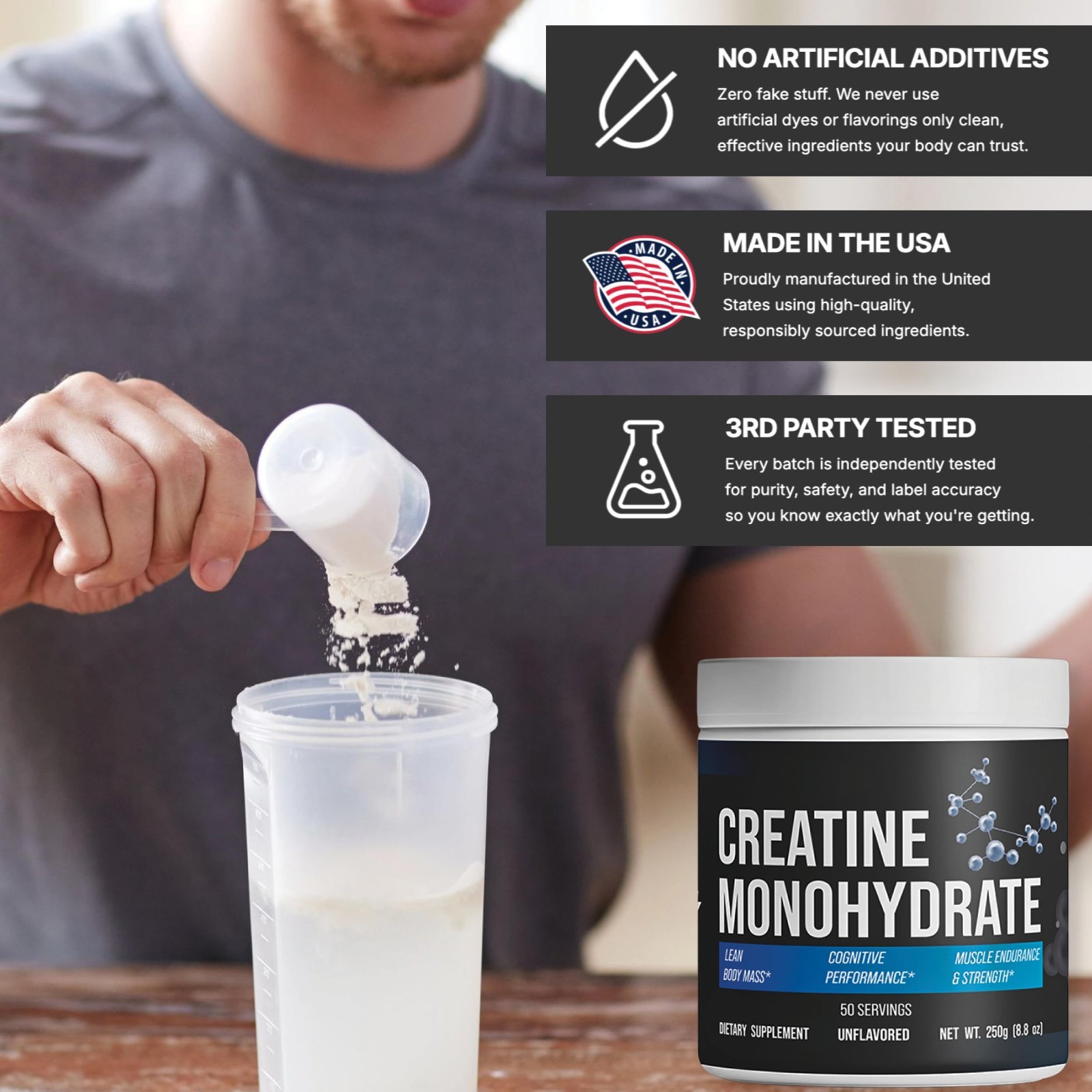 Pure Creatine Monohydrate Powder – Vegan, Gluten-Free, No Additives – 50 Serving