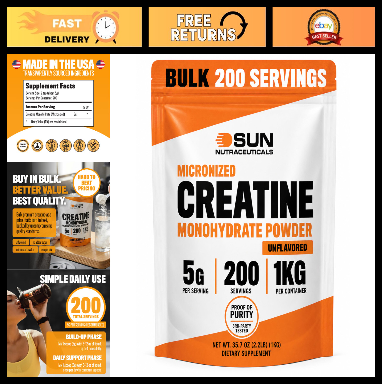 Micronized Creatine Monohydrate Powder 1kg – 200 Servings, Unflavored, Muscle St