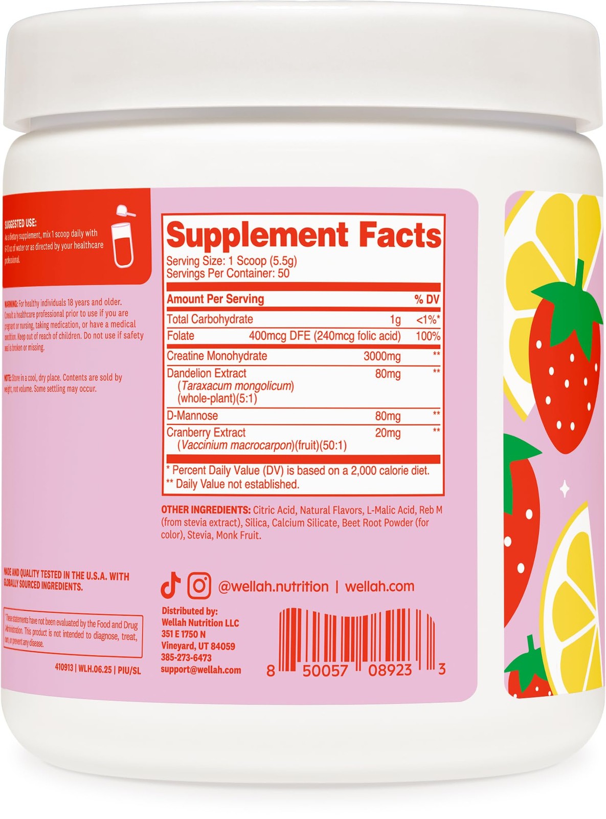 Wellah Creatine for Women 50 Servings, Strawberry Lemonade – Creatine