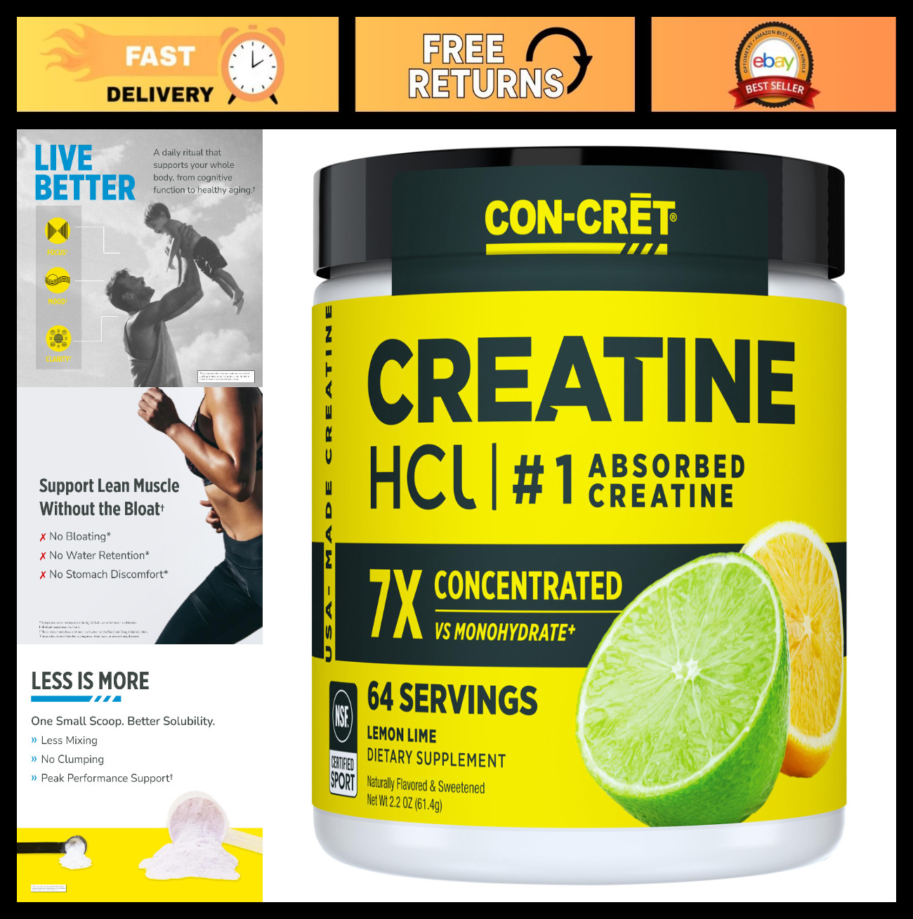 Creatine HCl Powder for Muscle & Strength Support, Lemon Lime, 64 Servings, No B