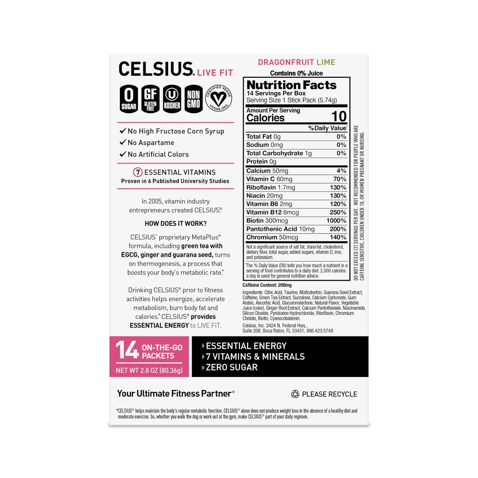 CELSIUS Dragonfruit Lime On the Go Powder Sticks 14 Count Energy Drink Mix