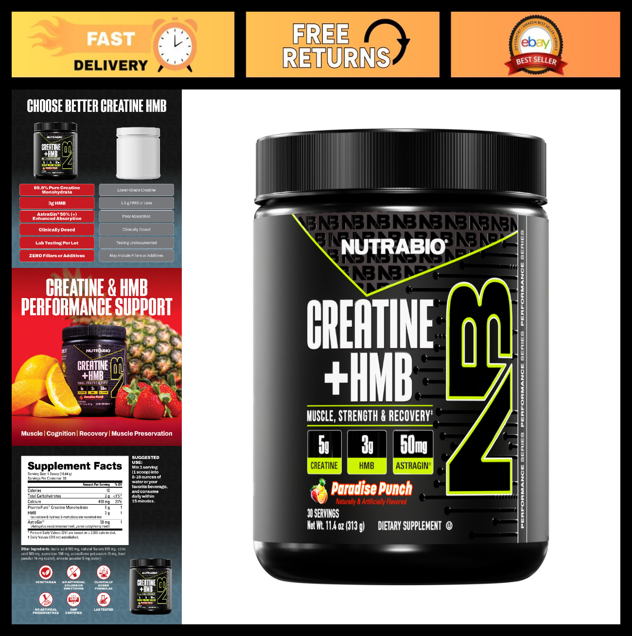 Creatine Monohydrate + HMB Powder for Muscle Growth & Strength – 30 Servings