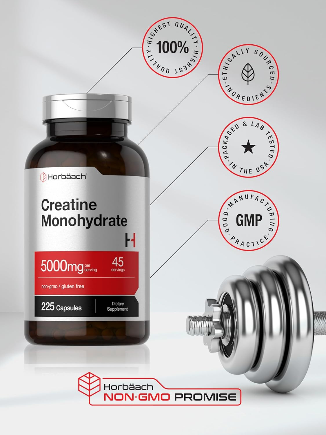 Creatine Monohydrate | 5G | 225 Capsules | Non-Gmo, Gluten Free Supplement