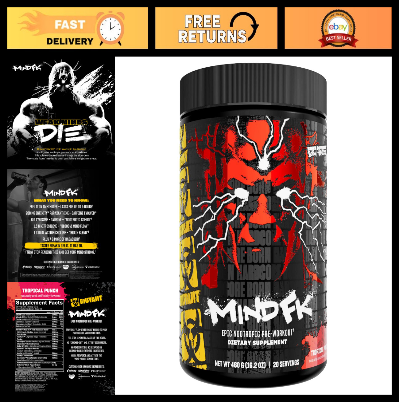 Nootropic Pre-Workout Supplement, Tropical Punch Flavor, 16.2 oz, Energy Boost