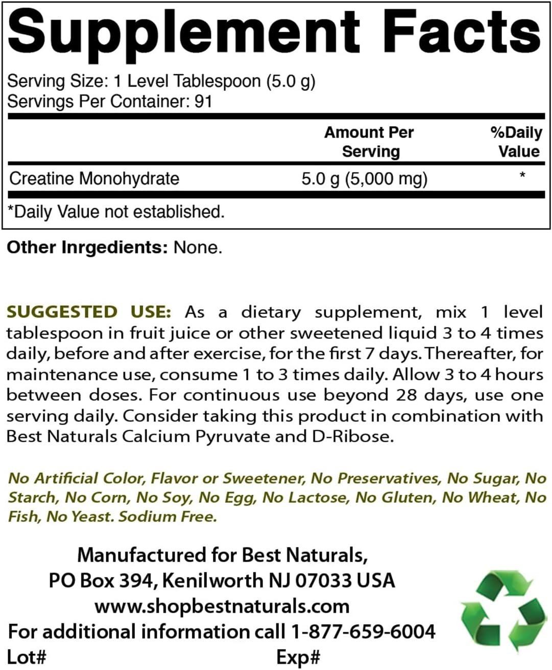 Best Naturals Creatine Monohydrate 1 Lb Powder