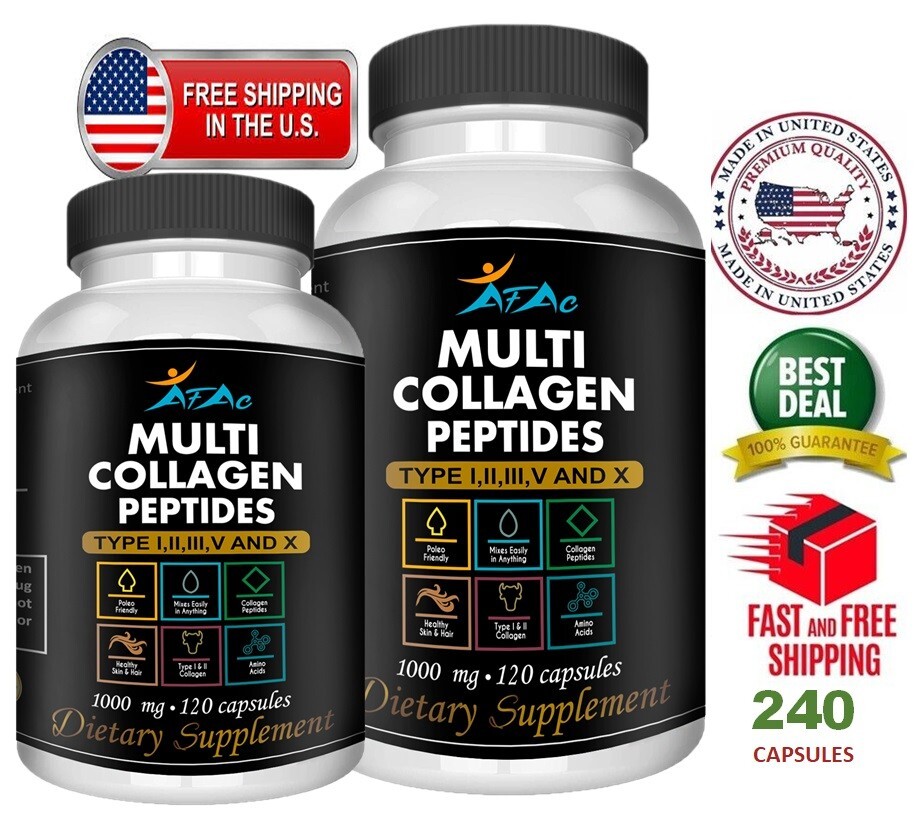 Hydrolyzed Collagen 240 caplets Hair Skin Nail Care Anti-Aging Pill 1000 PEPTIDE