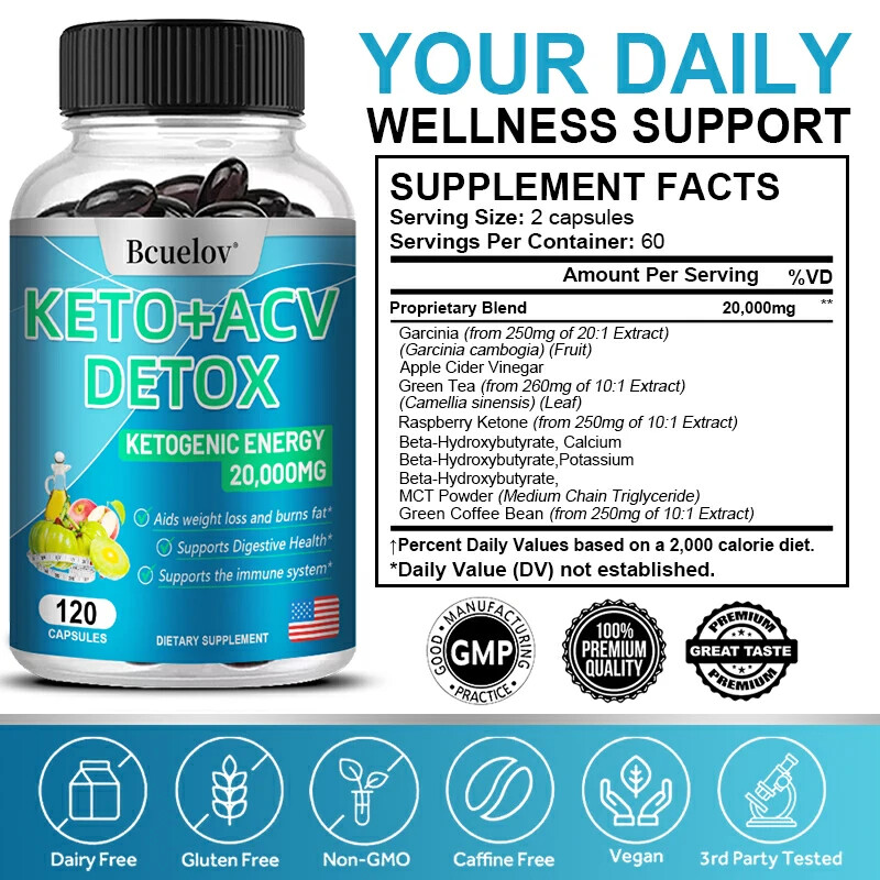 Keto + ACV Detox Capsules 20,000mg Apple Cider Vinegar Weight Loss Fat Burn