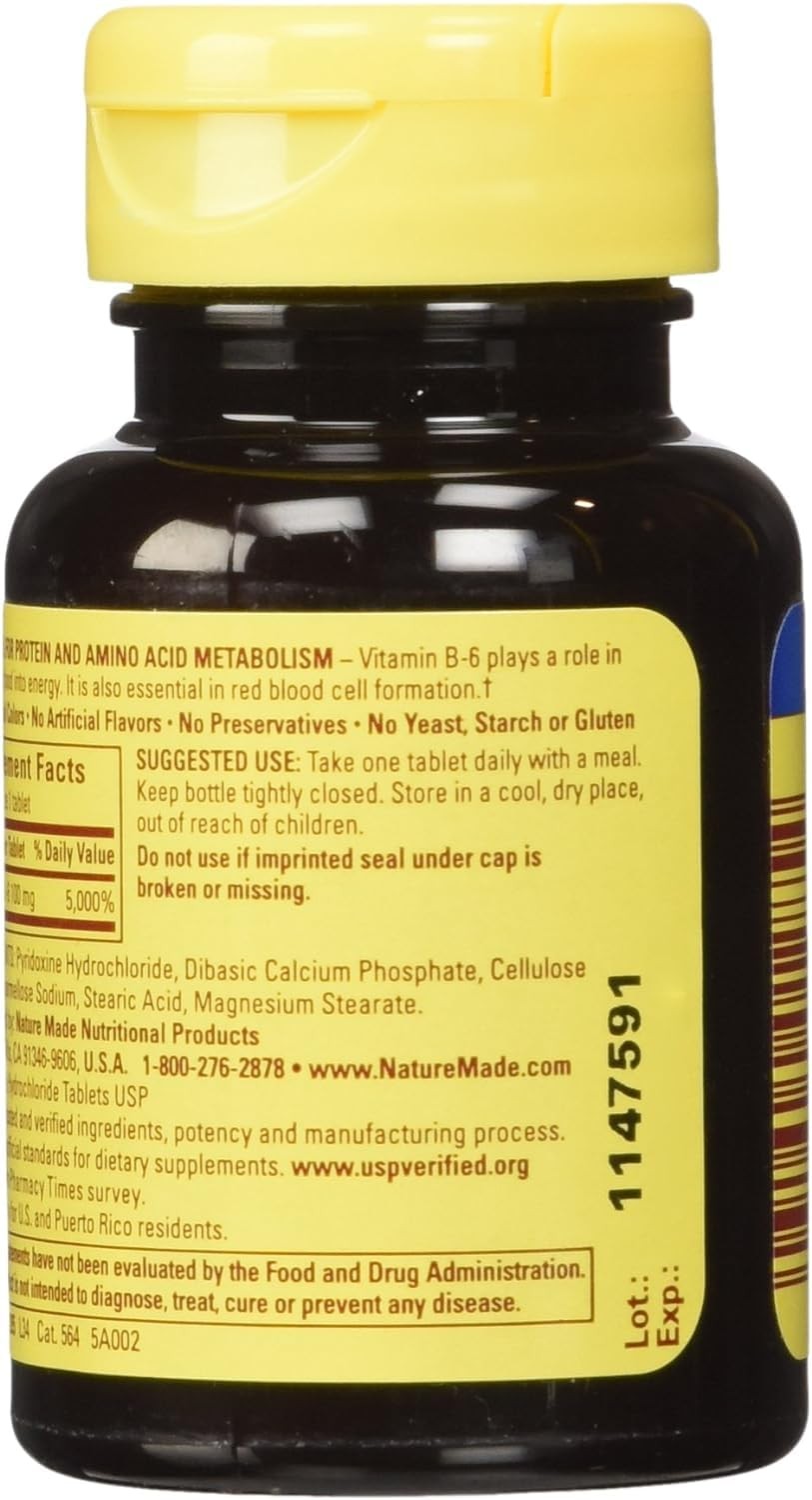 Nature Made Vitamin B-6 100mg Tablets 100-Count (Pack of 2) Energy Metabolism