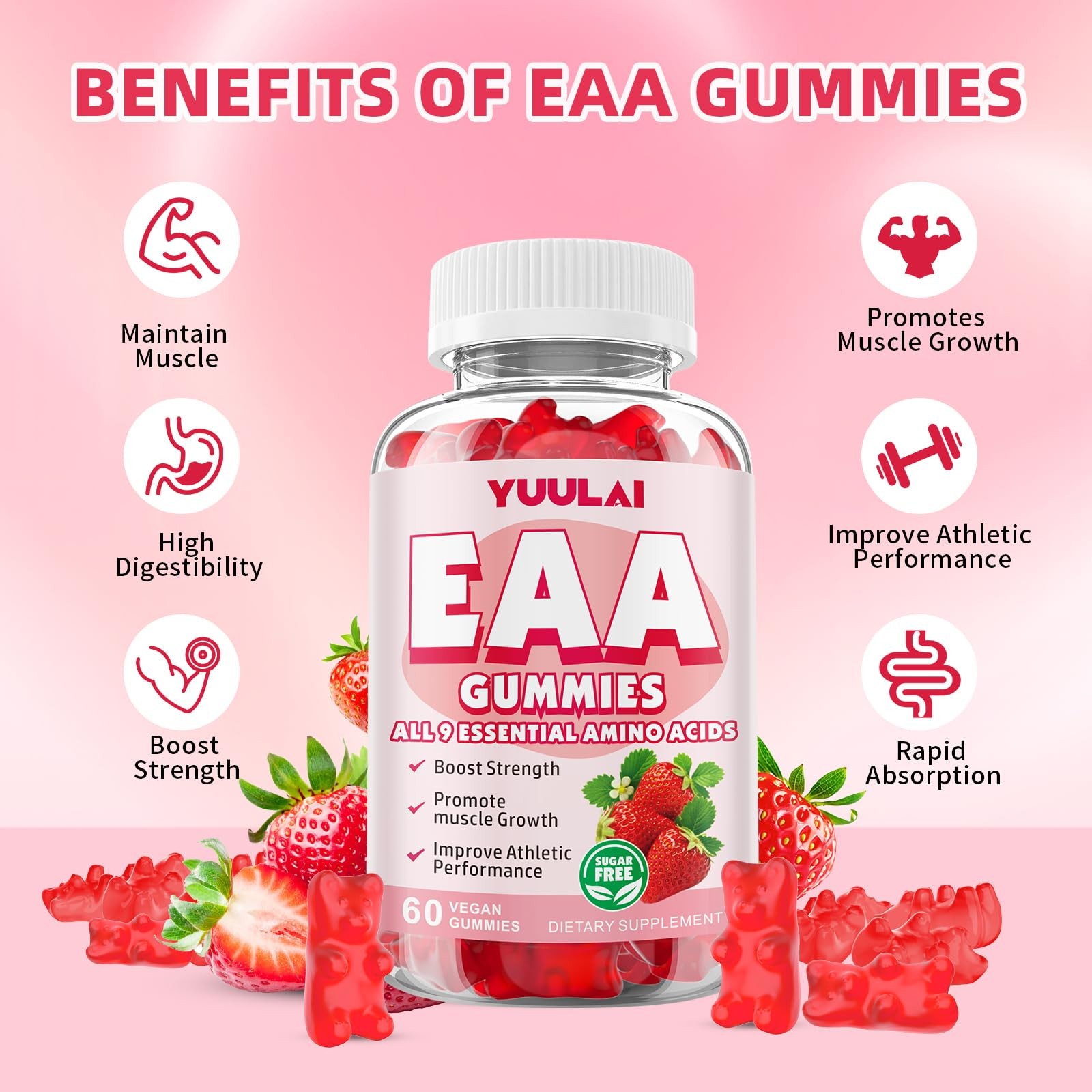 YUULAI EAA Gummies 2-Pack – 9 Essential Aminos + BCAAs, Muscle & Energy