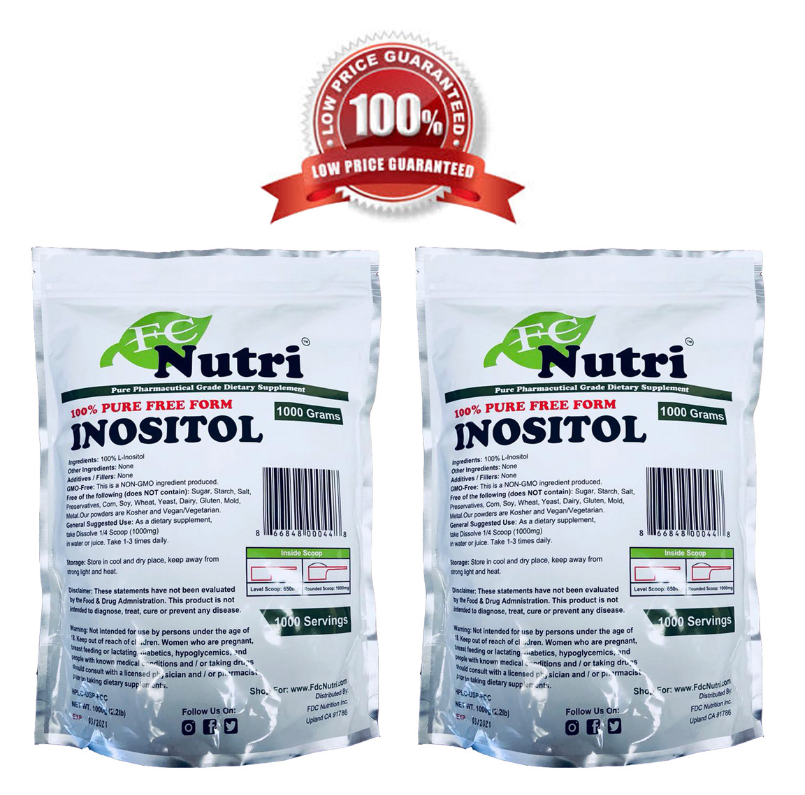 2.2lb (1000g) 100% PURE INOSITOL POWDER PHARMACEUTICAL GRADE x2 Bags Packed