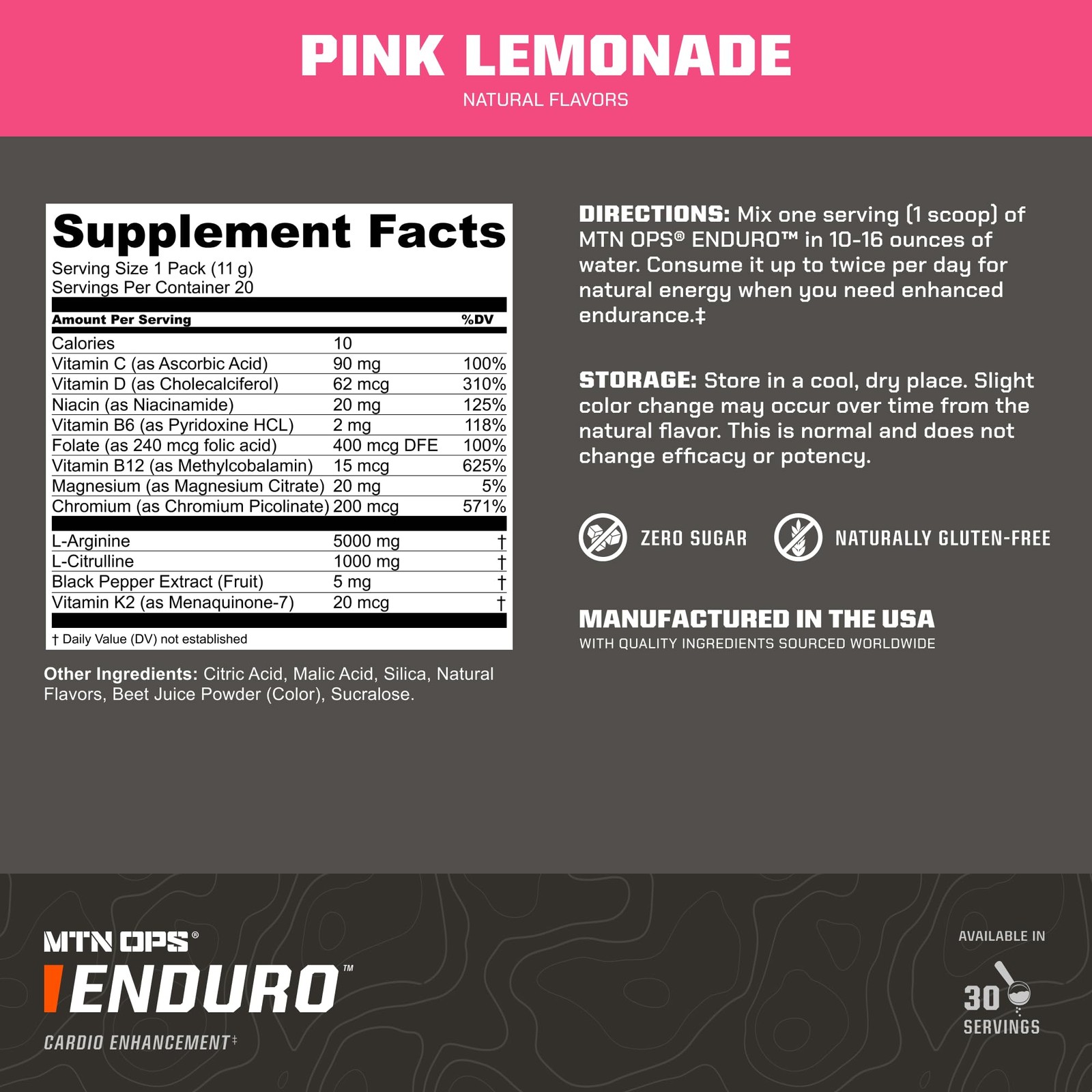MTN OPS Enduro Nitric Oxide Stimulant-Free Pre-Workout Magnesium Citrate L-Argin