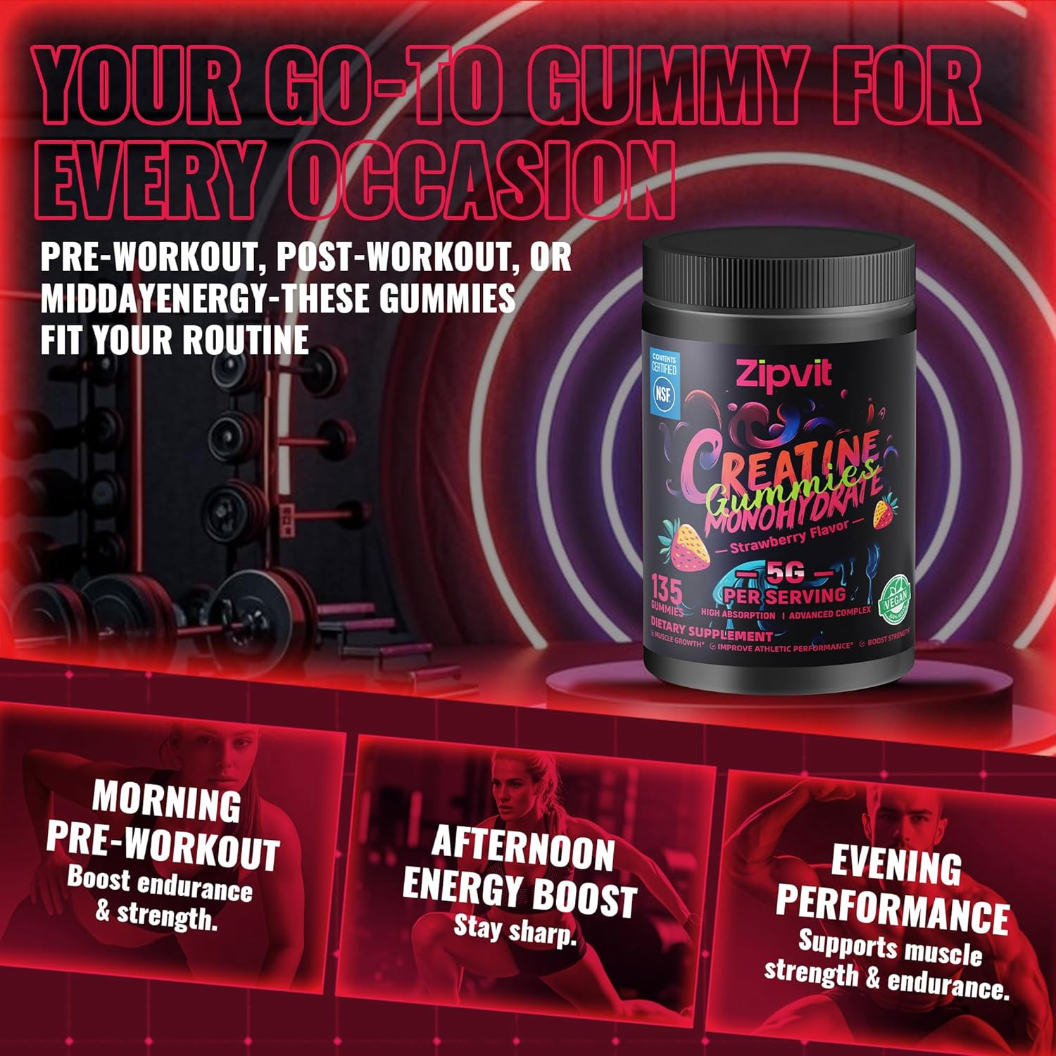 Creatine Monohydrate Gummies, NSF Certified Creatine Gummy, 5G Dose for Men & Wo