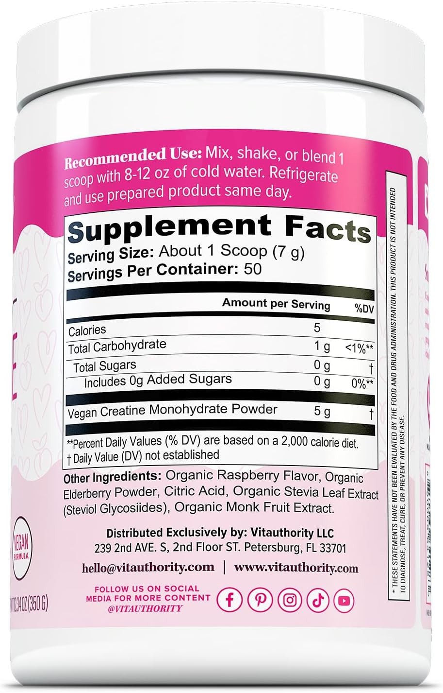 Vitauthority Women’s Micronized Creatine Monohydrate Powder ~ RASPBERRY FLAVOR