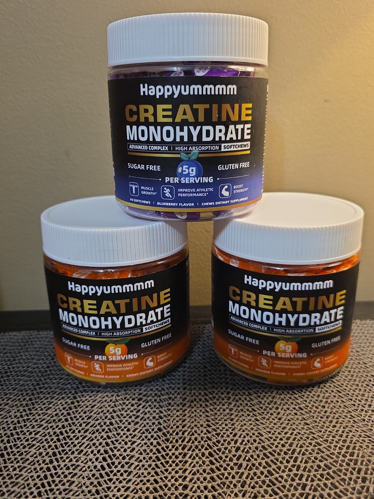 Happyummmm Creatine Monohydrate, Sf, 3 Pack Soft Chews, 2 Orange, 1 Blueberry