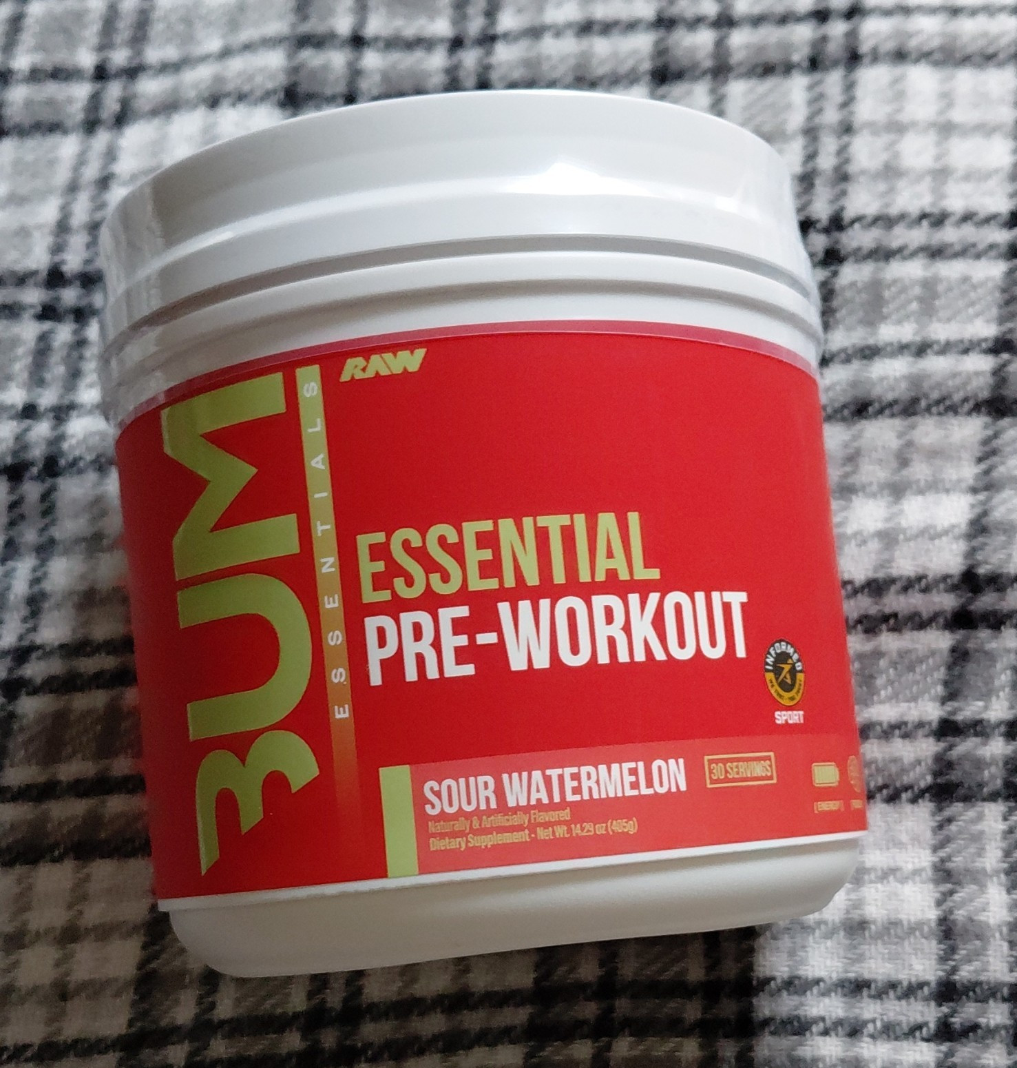 BUM RAW Essential Pre-Workout Powder Sour Watermelon Gym & Training 14.29 oz