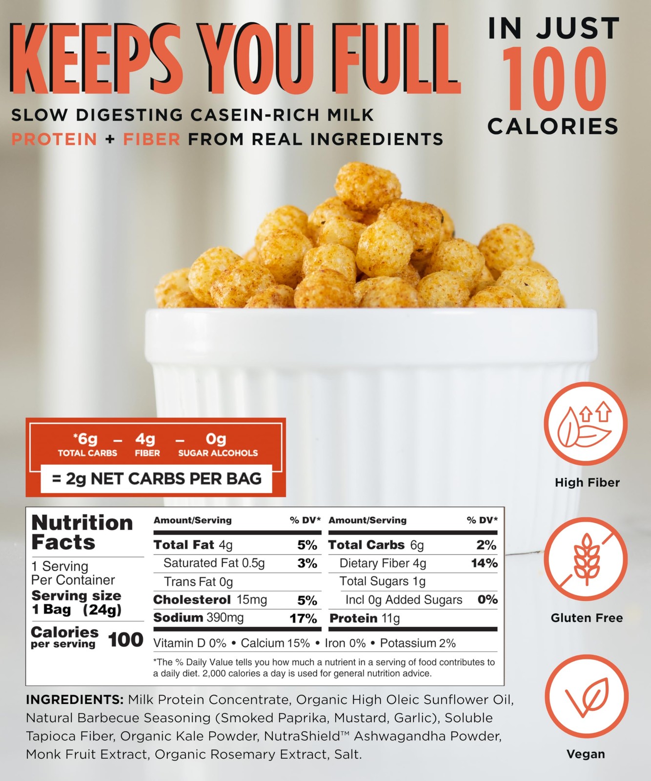 100Cal Protein Puffs Bbq 11G High Protein 4G Fiber Calorie Gut Healthy Salty