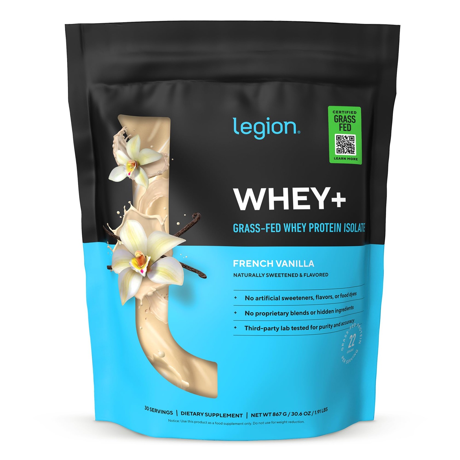 LEGION Whey+ Protein Whey Isolate from Grass Fed Cows French Vanilla, 30 Serv…