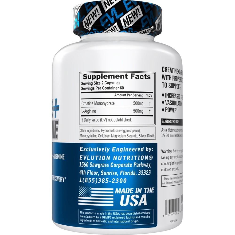 Evlution Nutrition Creatine + L-Arginine – 60 Servings -120 Veggie Capsules