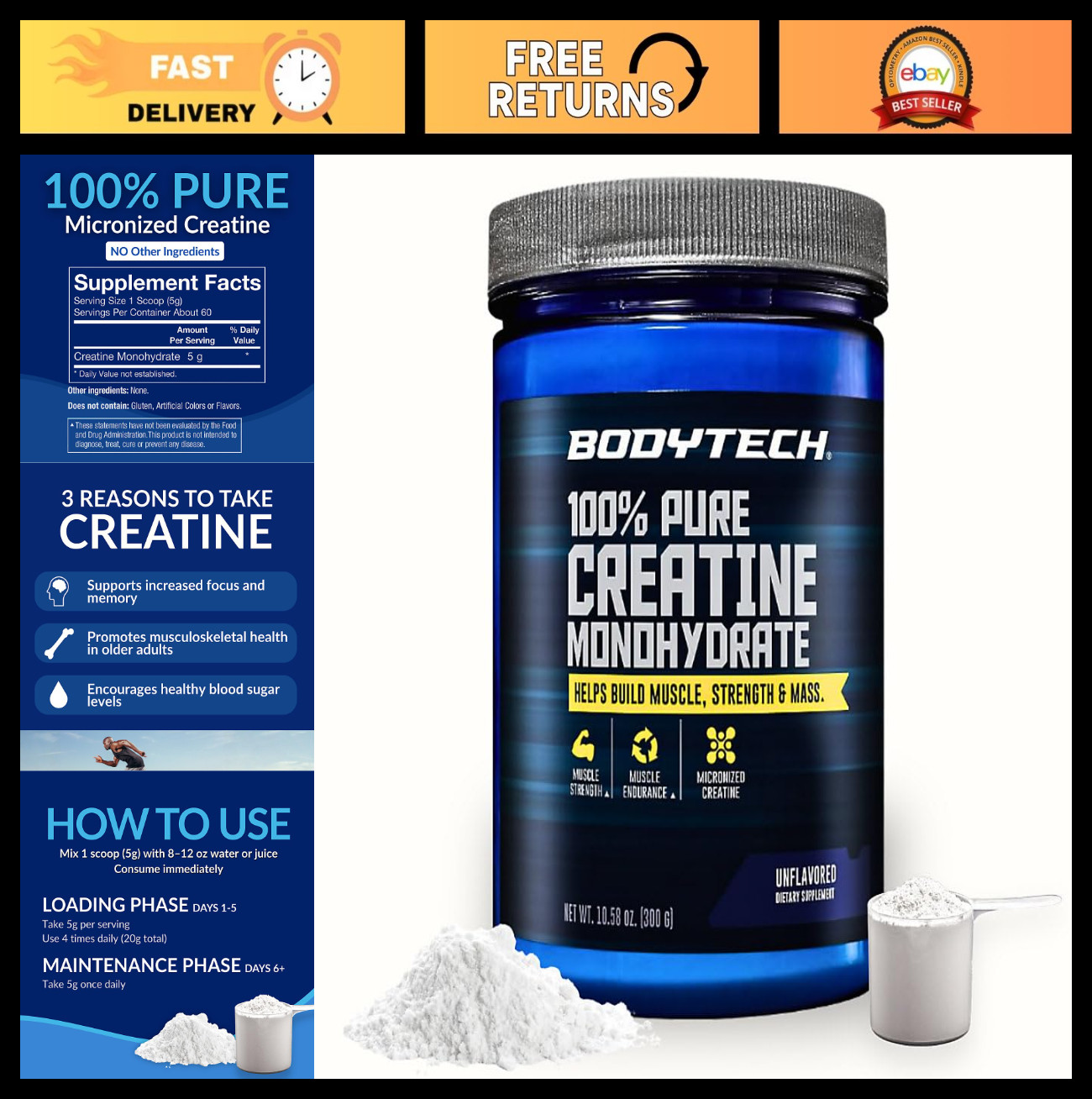 Creatine Monohydrate Powder – Unflavored, 60 Servings, Muscle Growth & Recovery