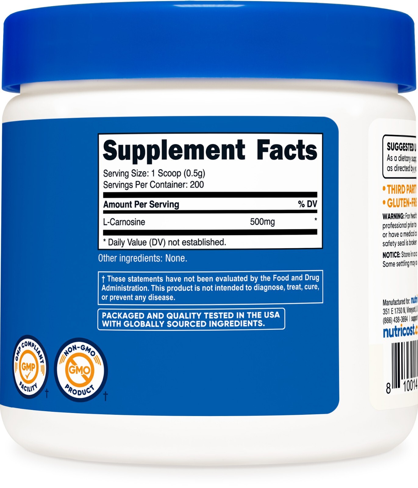 Nutricost L-Carnosine Powder 100 Grams (200 Servings) – Non-GMO