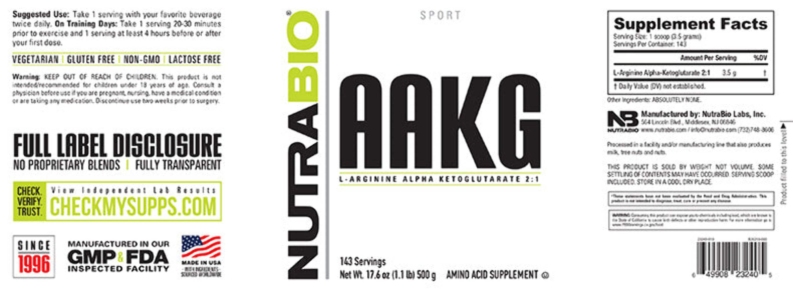 NutraBio – AAKG L-Arginine Alpha Ketoglutarate 2:1 Protein Powder – 142 Servings