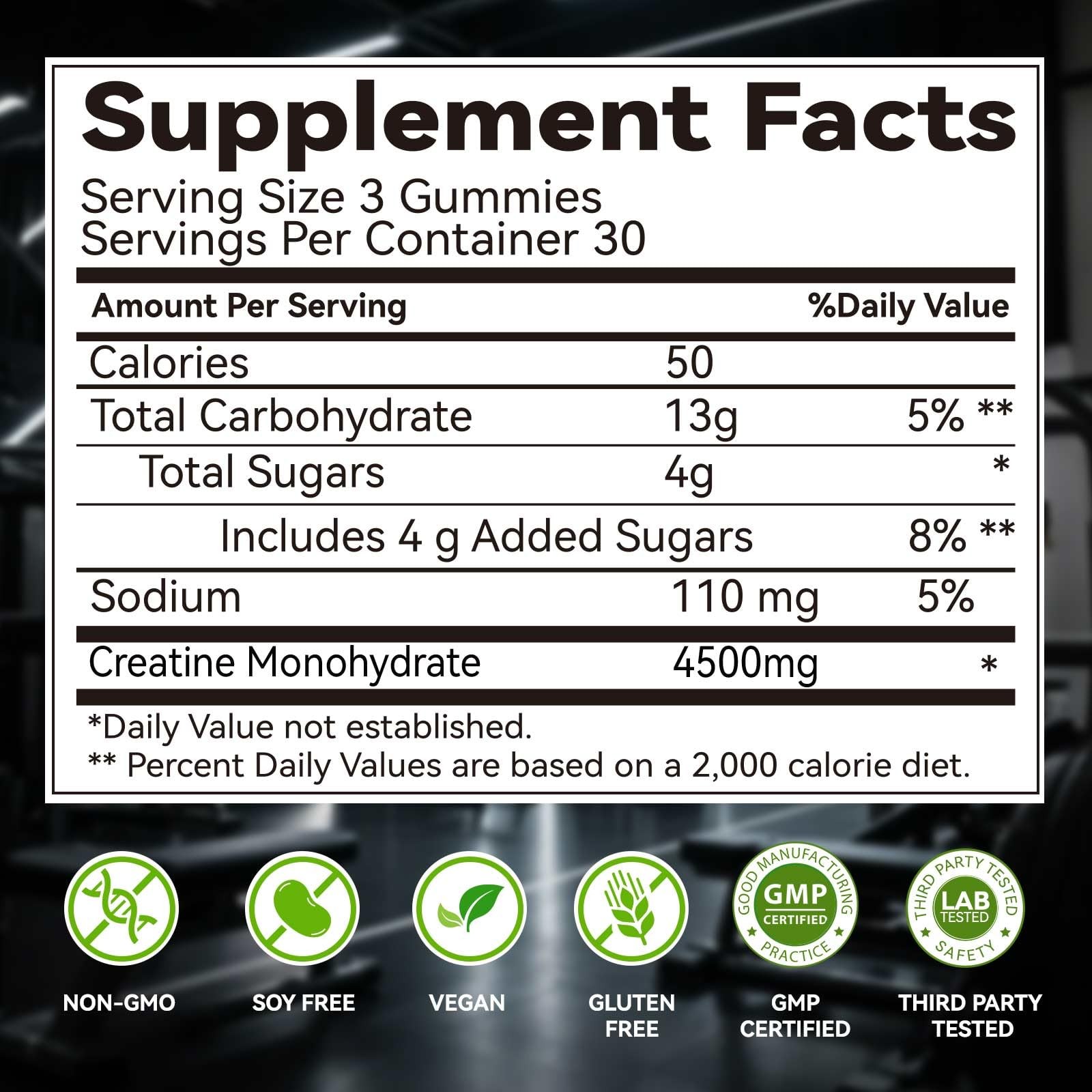 Creatine Monohydrate Gummies for Men & Women, 4.5g Creatine Monohydrate per S…