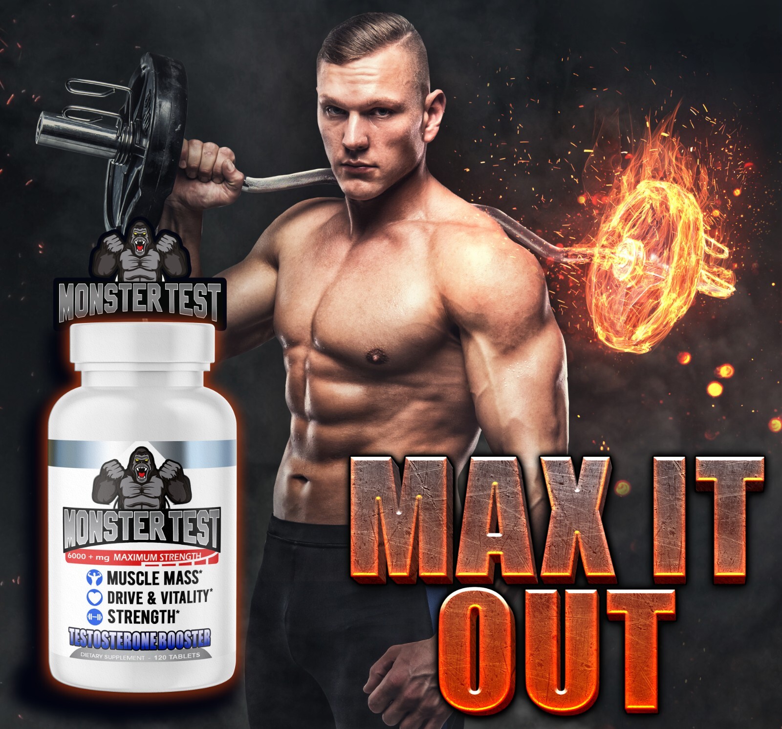 #1 Testosterone Booster Monster Test Tablets 240ct + Creatine Monohydrate 300g