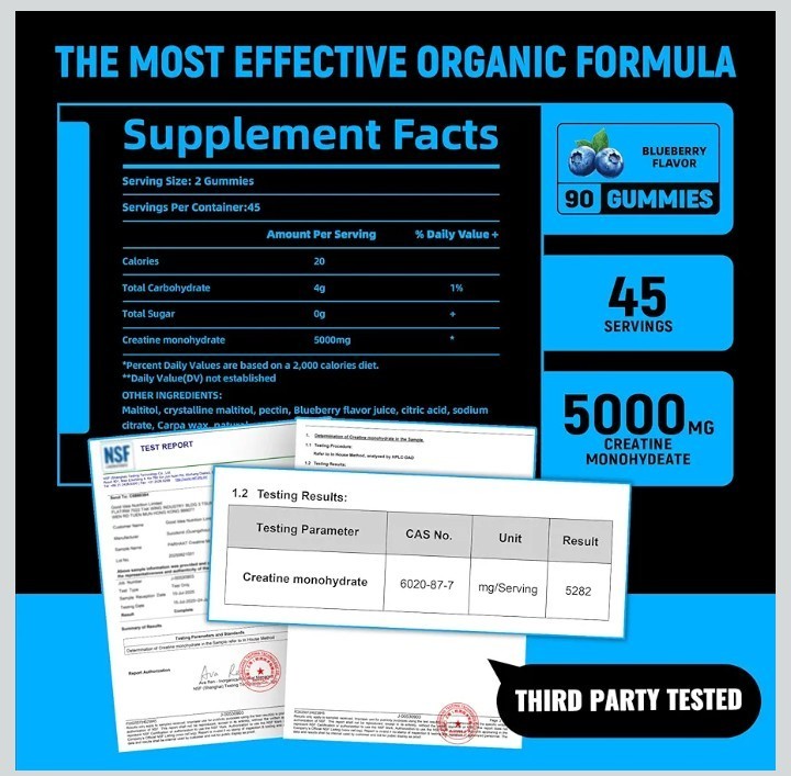 Parhaat Creatine Monohydrate Gummies 5g Blueberry Vegan Gluten-Free 90 Count