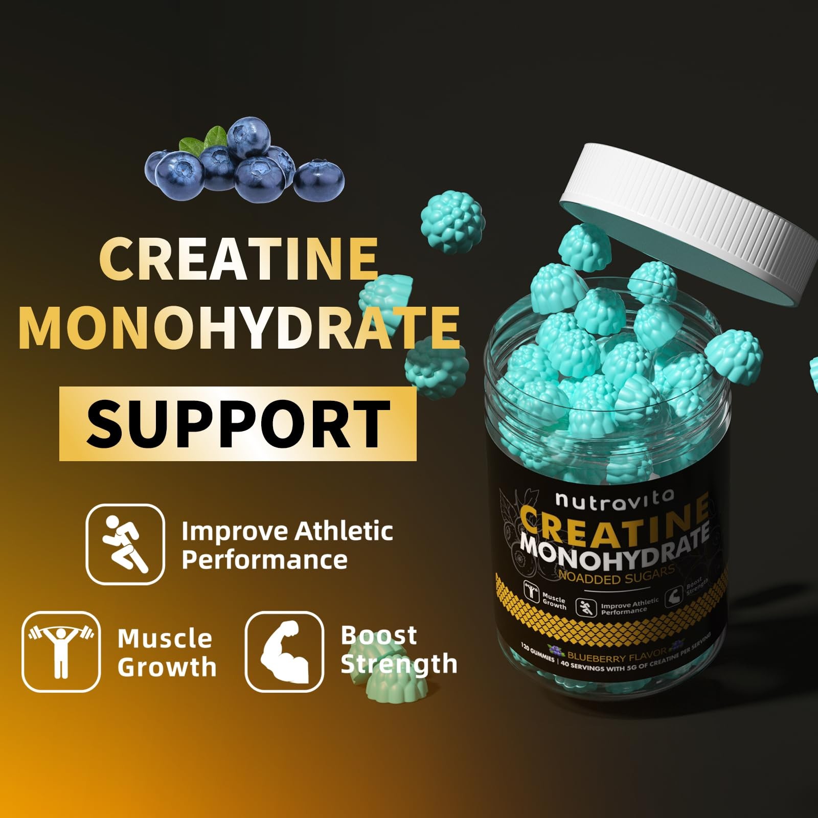 Creatine Monohydrate Gummies – 5g Per Serving, Sugar-Free, Vegan, 120 Count