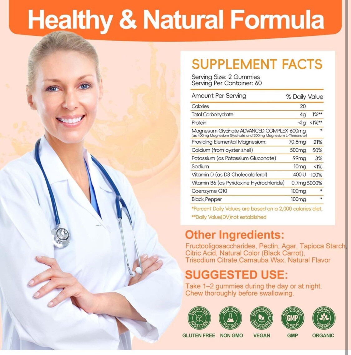Magnesium Glycinate Gummies Orange 120 Gummies High Absorption, Diet Sup 600mg