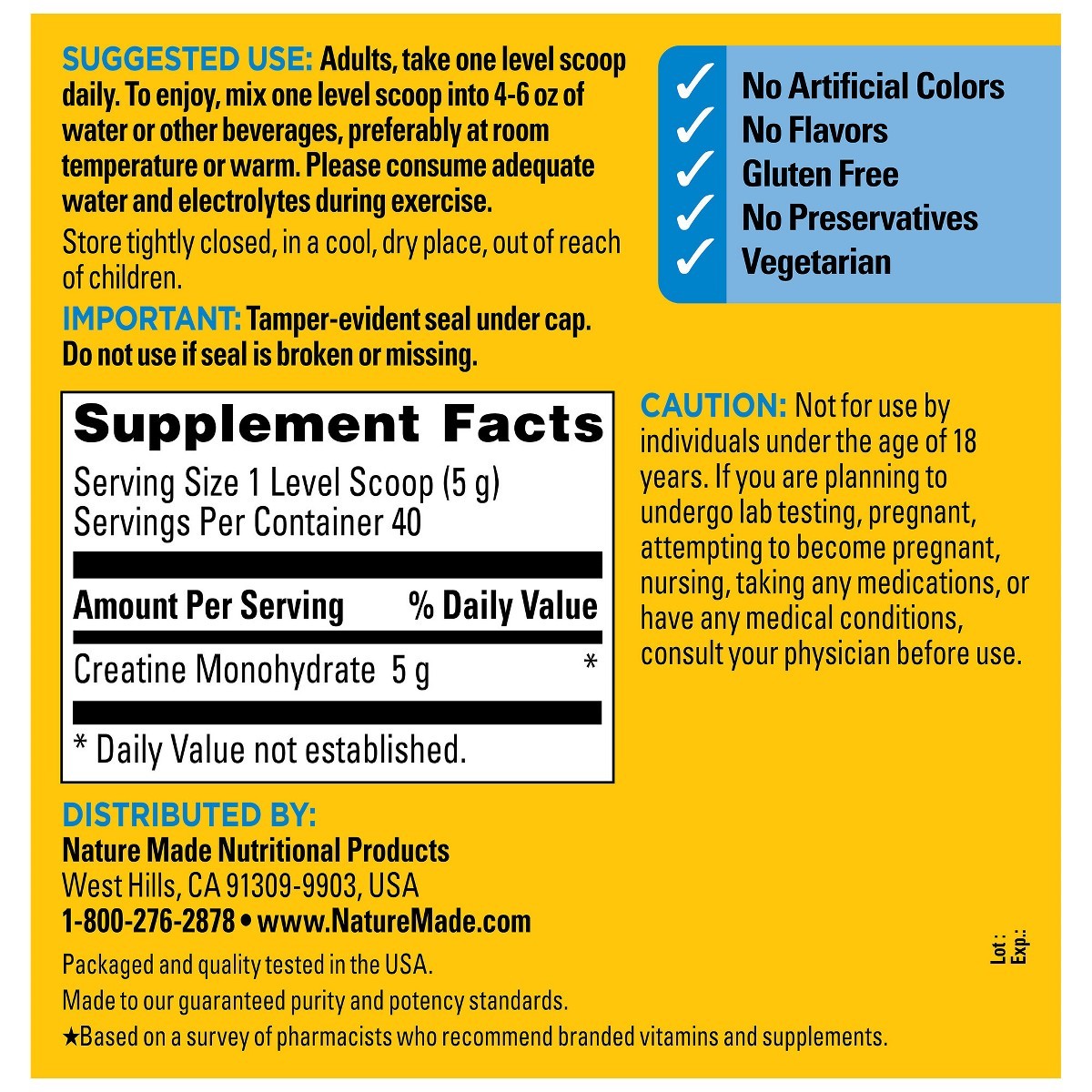 Nature Made Creatine Monohydrate Powder 5 g per serving Drink Mix -7.2 oz/40ct
