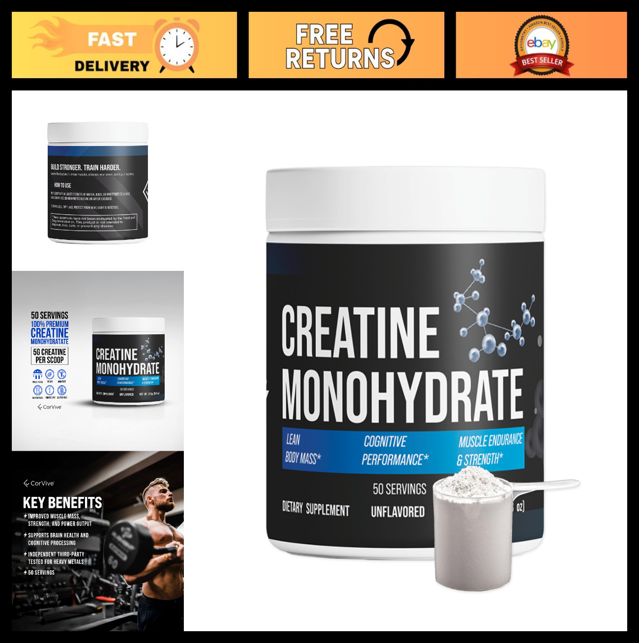 Pure Creatine Monohydrate Powder – Vegan, Gluten-Free, No Additives – 50 Serving