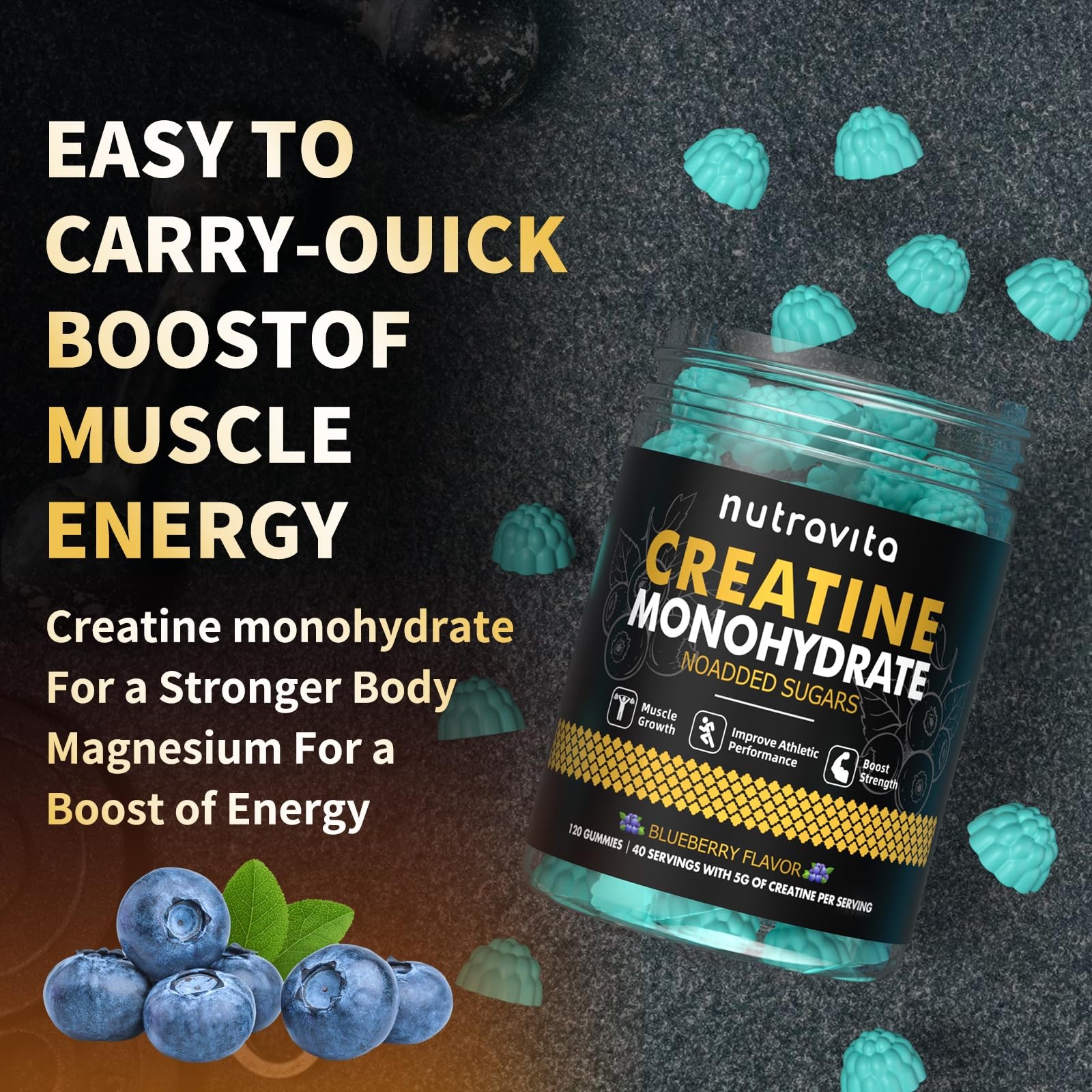 Creatine Monohydrate Gummies – 5g Per Serving, Sugar-Free, Vegan, 120 Count